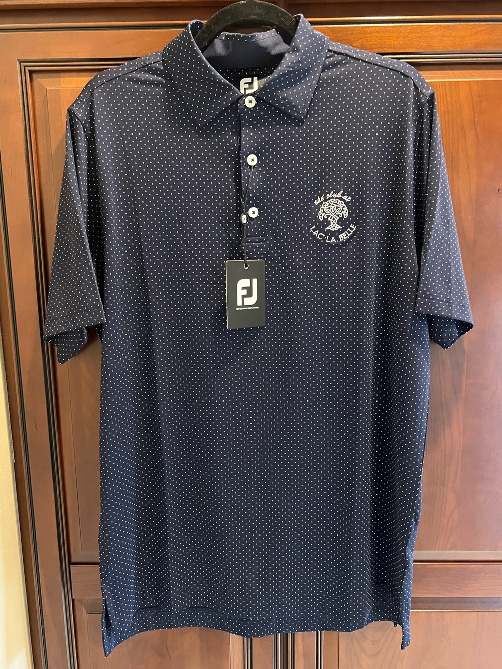 NWT FootJoy FJ Navy Polka Dot "The Club at LAC LA BELLE" Logo Golf Shirt - M